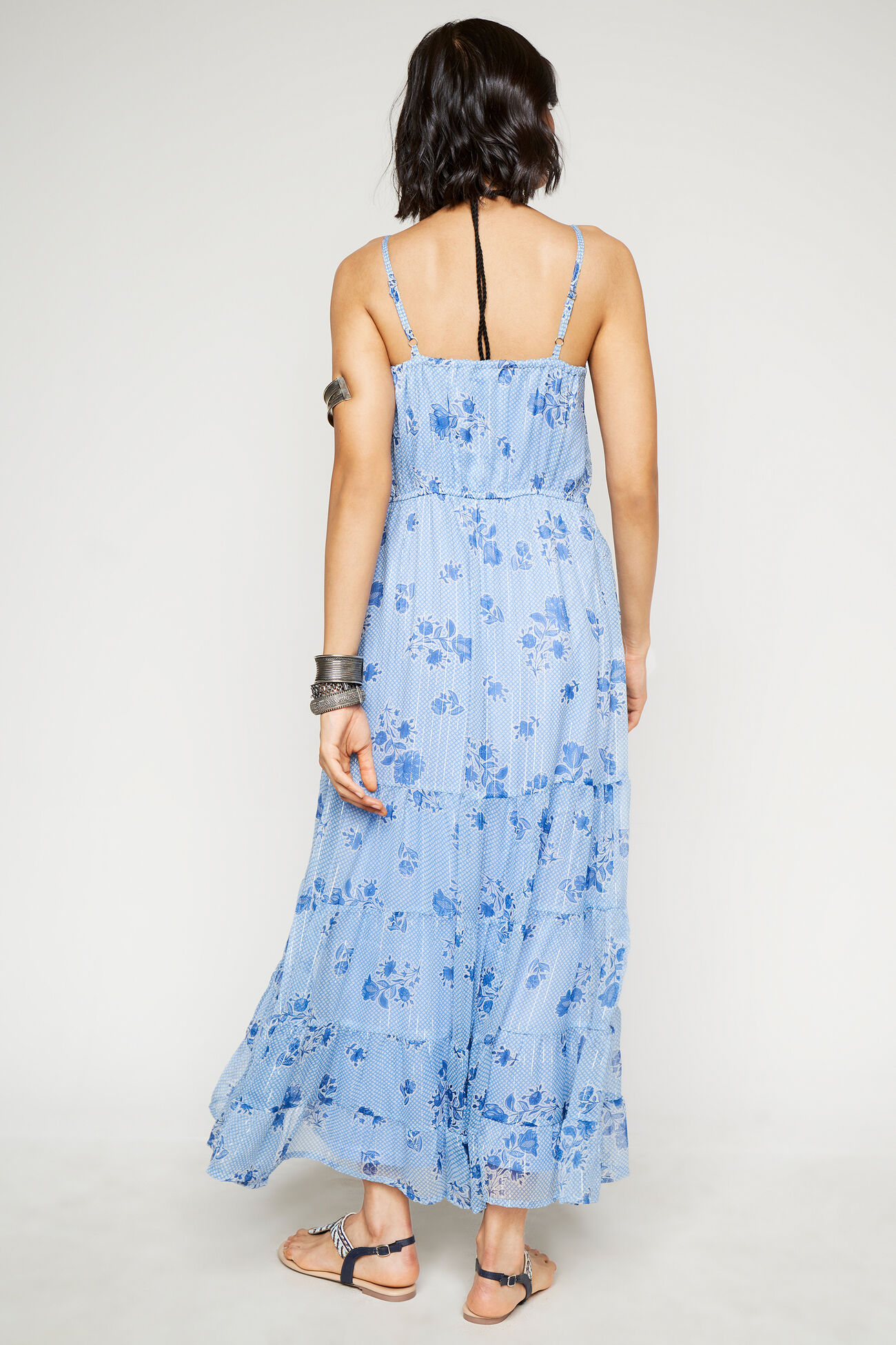 Blue Floral Gathered Straight Gown, Blue, image 6